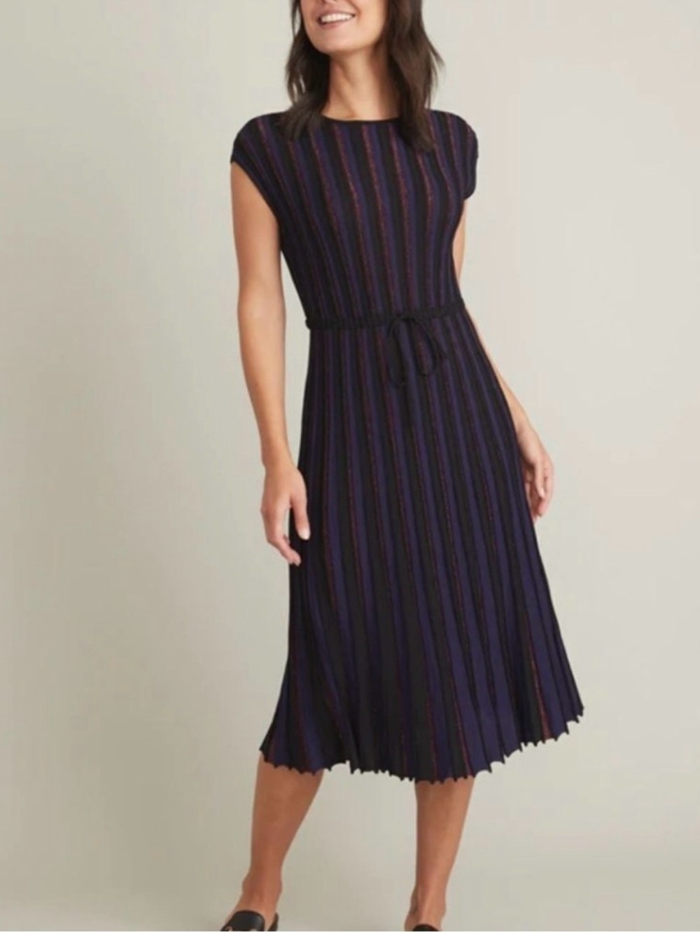 Marine Layer Penny Pleated Navy and Purple Striped Sleeveless Midi Dress Small